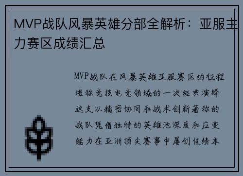 MVP战队风暴英雄分部全解析：亚服主力赛区成绩汇总