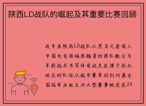 陕西LD战队的崛起及其重要比赛回顾